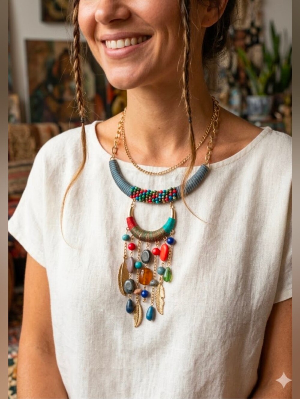 NWOT! Gold Tone Statement Bohemian Colorful Dangle Bead Feather Accent Necklace